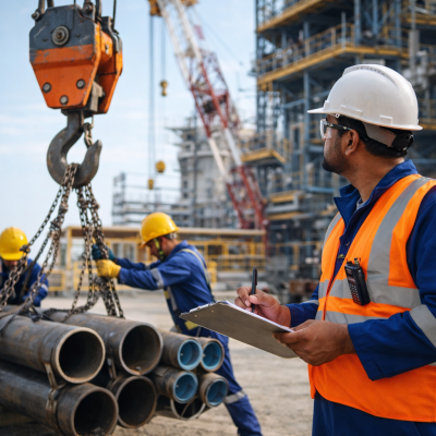 Rigging supervisor monitoring crane lifting operation with industrial pipes at construction site