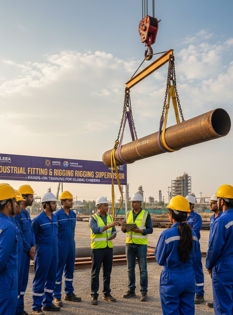 Industrial fitting and rigging supervisor conducting crane lifting training with students at industrial site